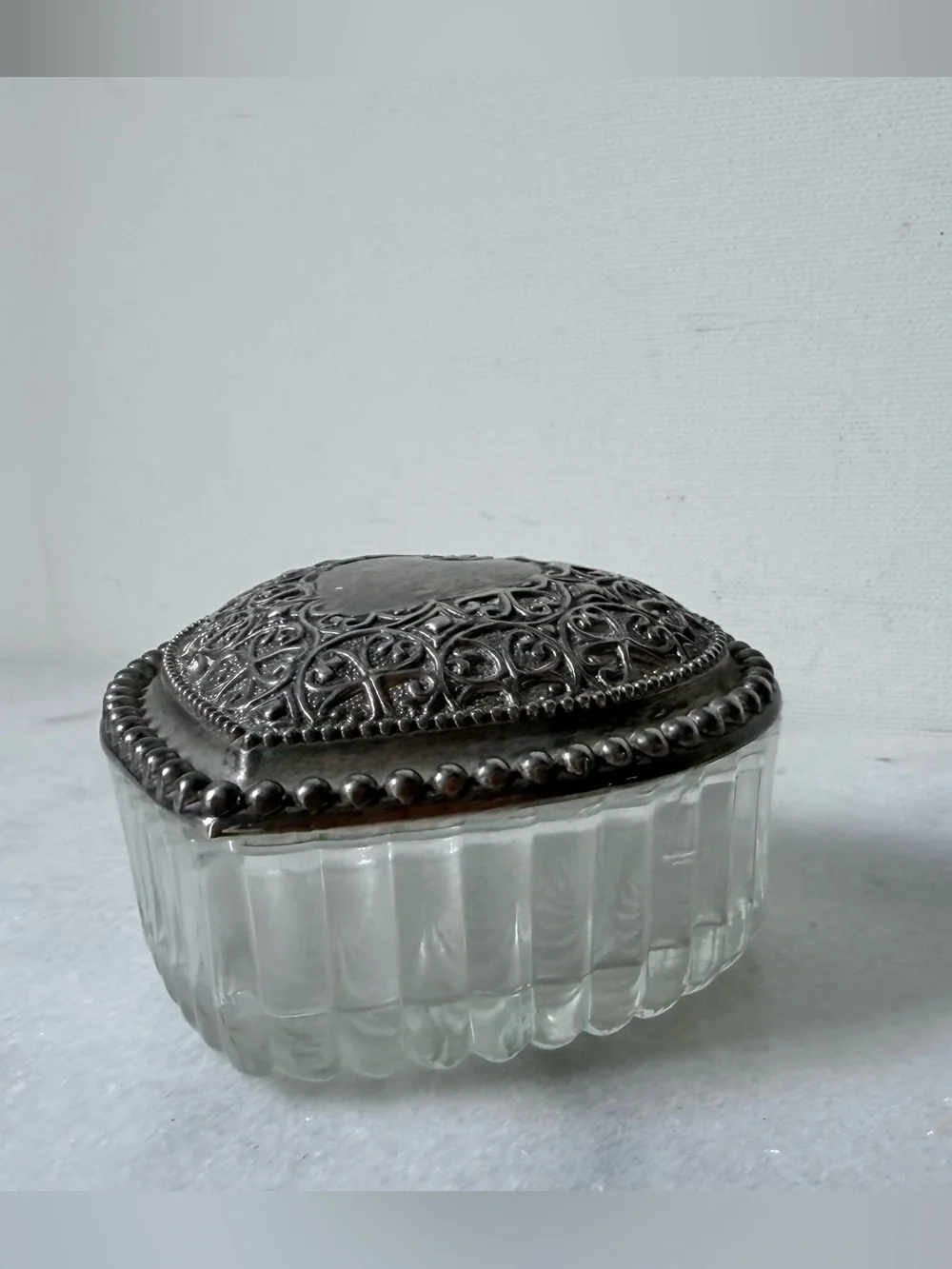 Ornate Silver-Topped Glass Trinket Box - Clear Glass